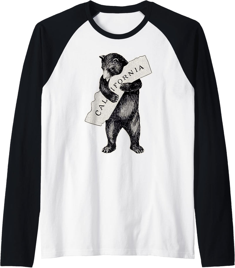 Retro Vintage California Flag Bear Shirt Bear Hug I Love California Shirt Art-Retro Vintage Cali Bear Raglan Baseball Tee - Black/White