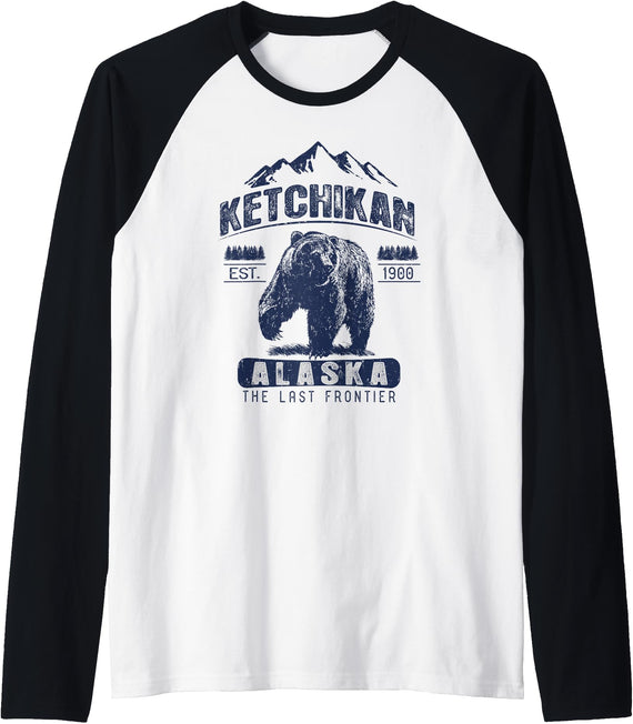 Ketchikan Alaska Souvenir Gift Shirts Vintage Bear Ketchikan Alaska Shirt - Ketchikan AK Raglan Baseball Tee - Black/White