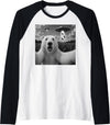 Retro Polar Bear Selfie with UFOs Meme Polar Bear Selfie with UFO Alien Funny Raglan Baseball Tee - Black/White