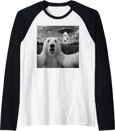 Polar Bear Selfie with UFO Alien Funny Raglan Baseball Tee