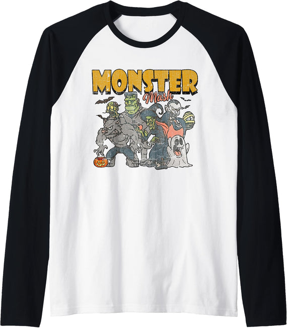 Monster Mash Vintage Ghost Halloween Funny Raglan Baseball Tee - Black/White