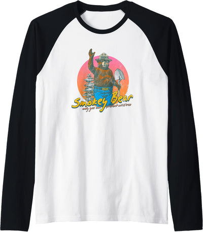 Retro Smokey Bear Colorful Sunset PSA Raglan Baseball Tee