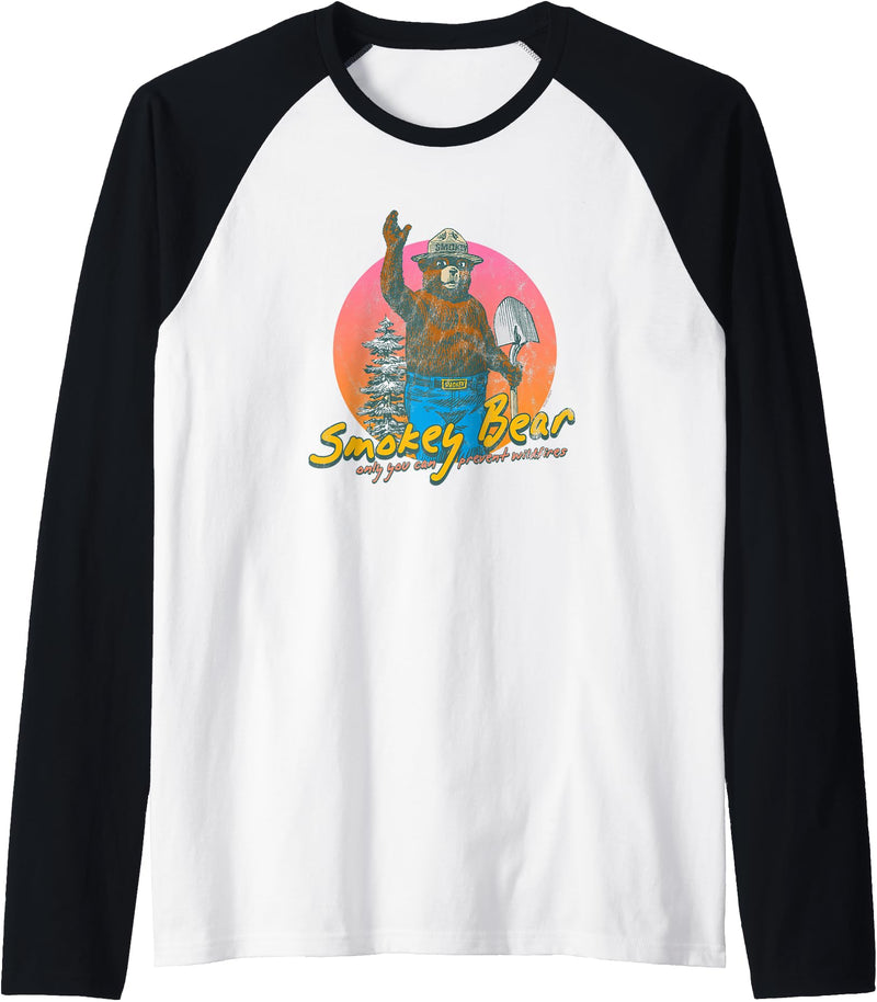 Smokey Bear Retro Smokey Bear Colorful Sunset PSA Raglan Baseball Tee - Black/White