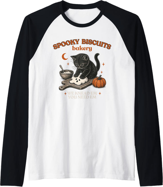 Spooky Biscuits Club Halloween Cat Lover Women Men Retro Funny Spooky Biscuits Club Cat Lovers Pastry Halloween Raglan