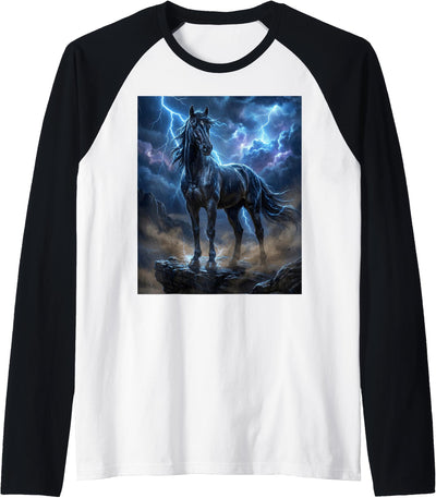Horse Lovers Beautiful Horse with Lightning Sky Horse Raglan Baseball Tee