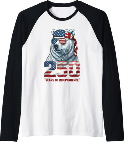 Polar Bear 250 Years of Independence Patriotic America 1776 Raglan Baseball Tee