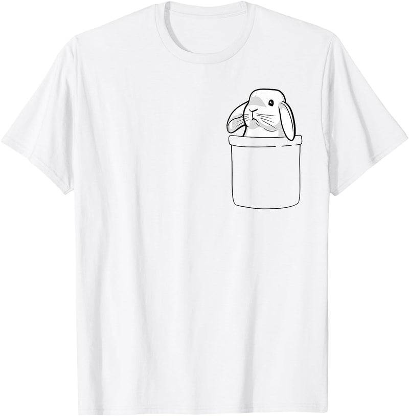 Rabbit Pocket Cute Bunny Women Girls Boys Kids Small T-Shirt in White