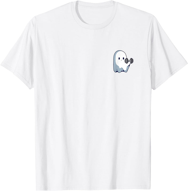 Cute Paranormal Workout Ghost Lifting Dumbbells Ghost Weightlifting Pocket Funny Ghost Workout Halloween T-Shirt - White