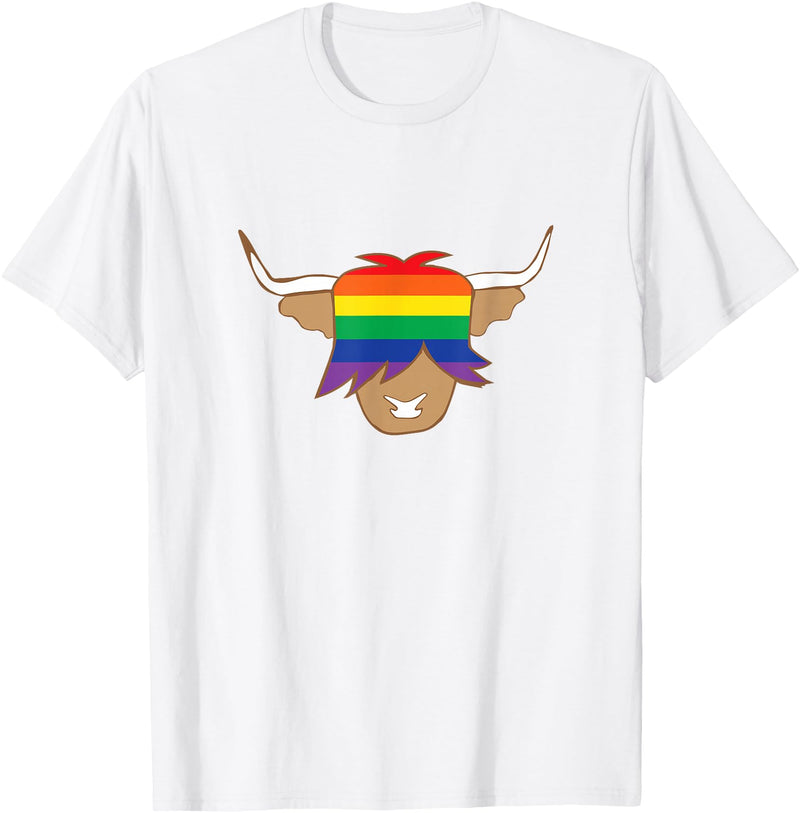 Ayeland co Cute Gay Pride Shirt LGBT flag scottish highland cow t shirt T-Shirt - White