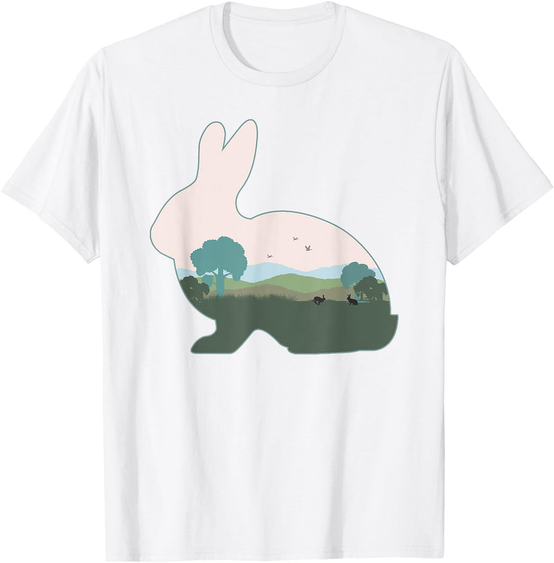 Rabbit Print with Landscape Rabbit Lover - Hare Bunny T-Shirt in White