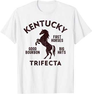 Vintage Horse Racing & Race Track Apparel Kentucky Trifecta - Fast Horses, Big Hats, & Good Bourbon T-Shirt - White