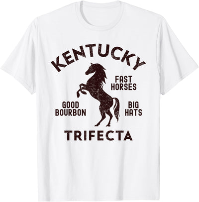 Vintage Horse Racing & Race Track Apparel Kentucky Trifecta - Fast Horses, Big Hats, & Good Bourbon T-Shirt