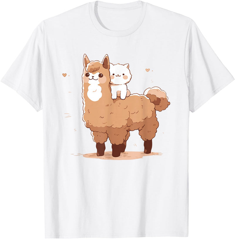 Kawaii Valentine Llama And Cat Design Cute Llama And Cat T-Shirt - White