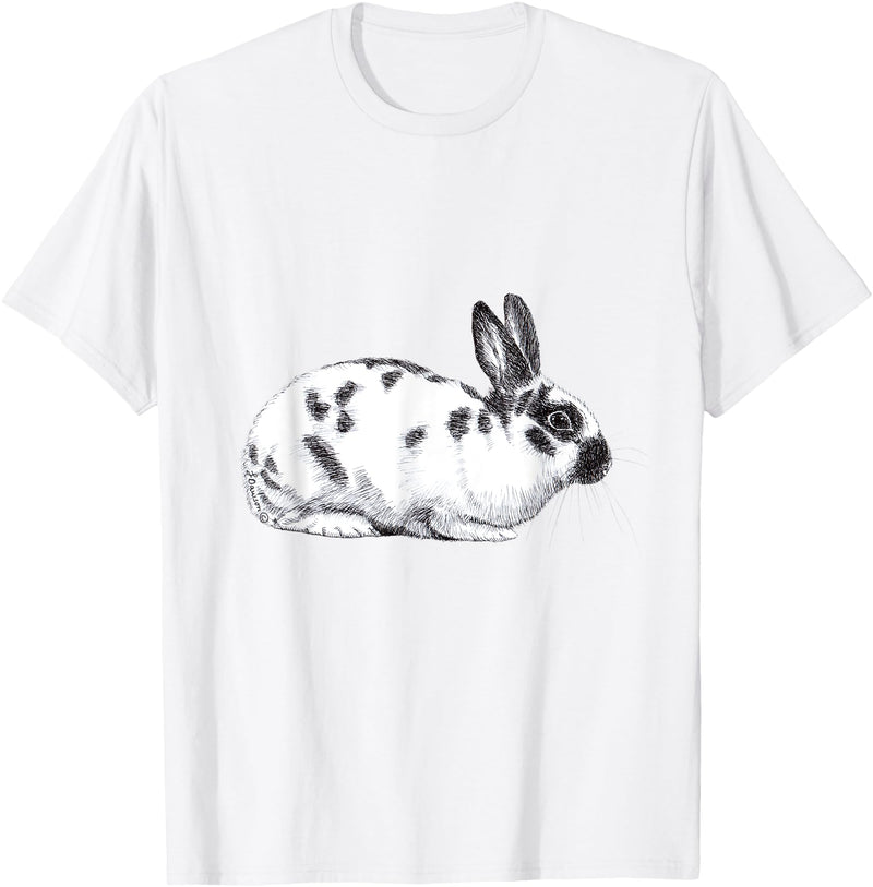 Cute English Spotted Bunny Rabbit Drawing T-Shirt in White