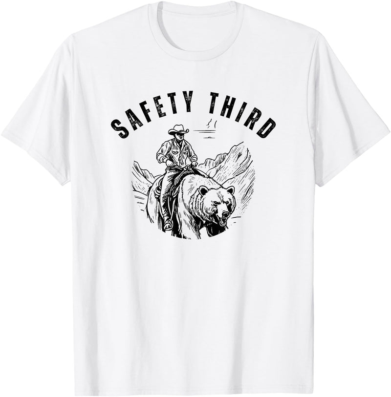 Exteevaganza Safety Third Cowboy Riding Bear Humorous Graphic T-Shirt - White