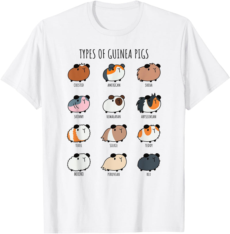 Guinea Pigs By CuddlesAndLearn Cute Types of Guinea Pigs Abyssinian Silkie and Texel T-Shirt - As Pictured