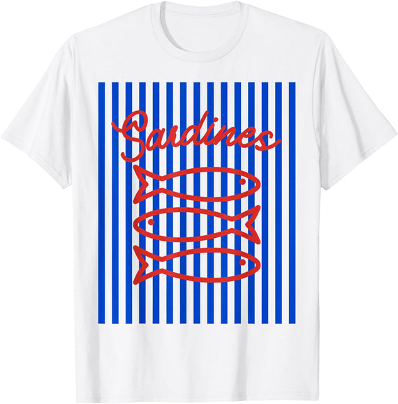 Sardines maritime fisherman aesthetic Fisherman aesthetic white blue stripes with sardine fish T-Shirt - White