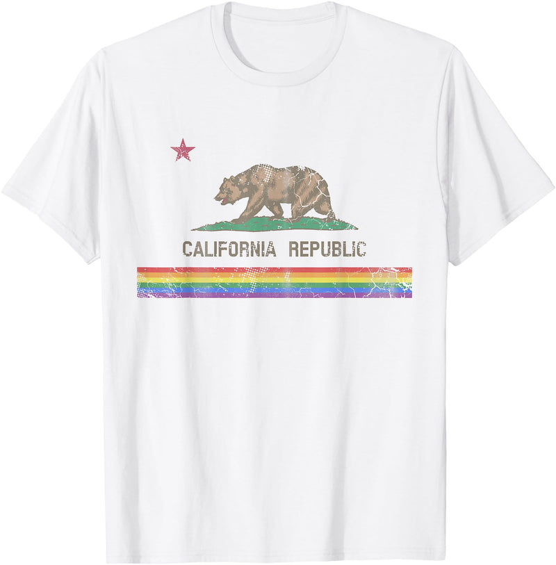California LGBTQ+ Gift Men Women Couples Groups California Republic Bear LGBT Gay Pride Month Rainbow Flag T-Shirt - White