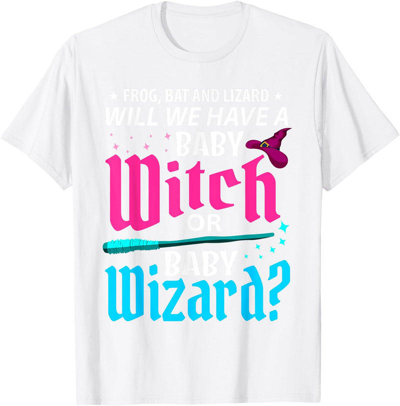 Halloween Gender Reveal Apparel Witch Or Wizard Gender Reveal Baby Shower Party Celebration T-Shirt - White