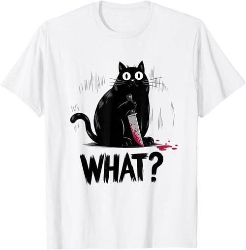 Cat Owners Black Cat What? Black Cat Murderous Cat With Knife Black Cat T-Shirt - White