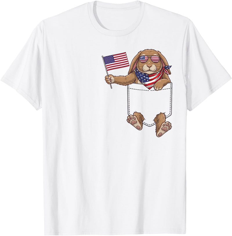 Rabbit Pocket Patriotic American Flag 4th of July USA T-Shirt in White