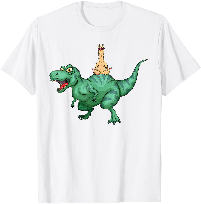 cute funny Llama Gifts and more Alpaca Llama riding Dinosaur T-Rex T-Shirt - White