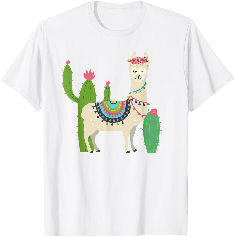 Captivaca Llama Shirts Cute Llama with Flower & Cactus/Llama Lover Gift T-Shirt Small - White