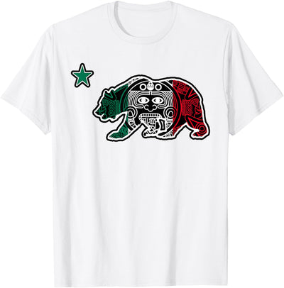 California Republic Bear Aztec Calendar Mexico Mexican Flag T-Shirt