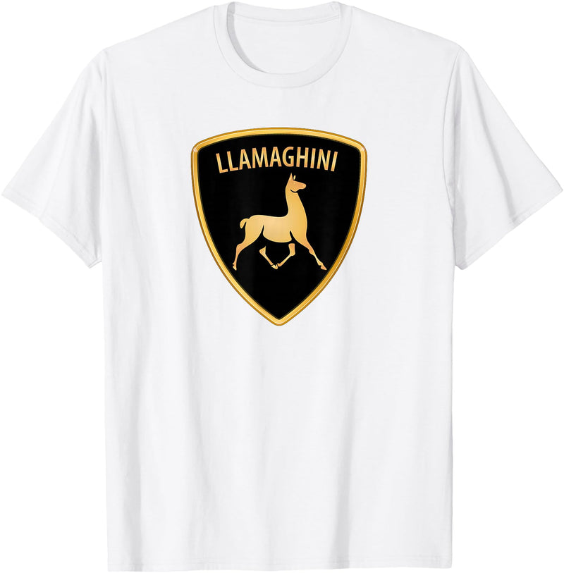 Llamaghini Apparel Co Llamaghini Funny Hillarious Llama Emblem Parody Fun Design T-Shirt - White