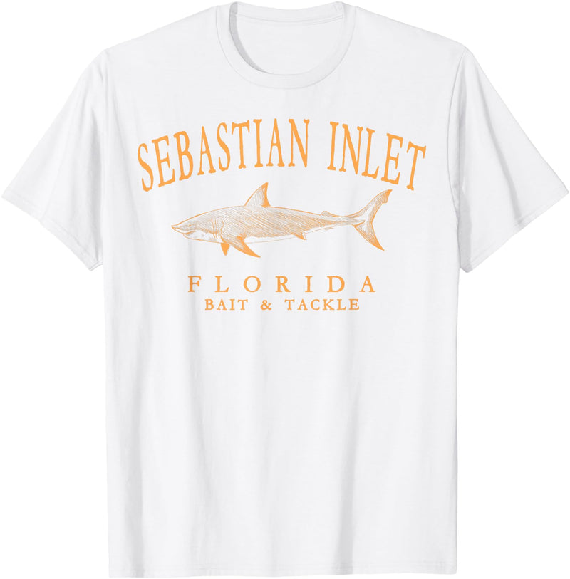 Sebastian Inlet Florida Fishing Souvenir Gifts Sebastian Inlet Florida Shark Retro Orange Art Fishing T-Shirt - White