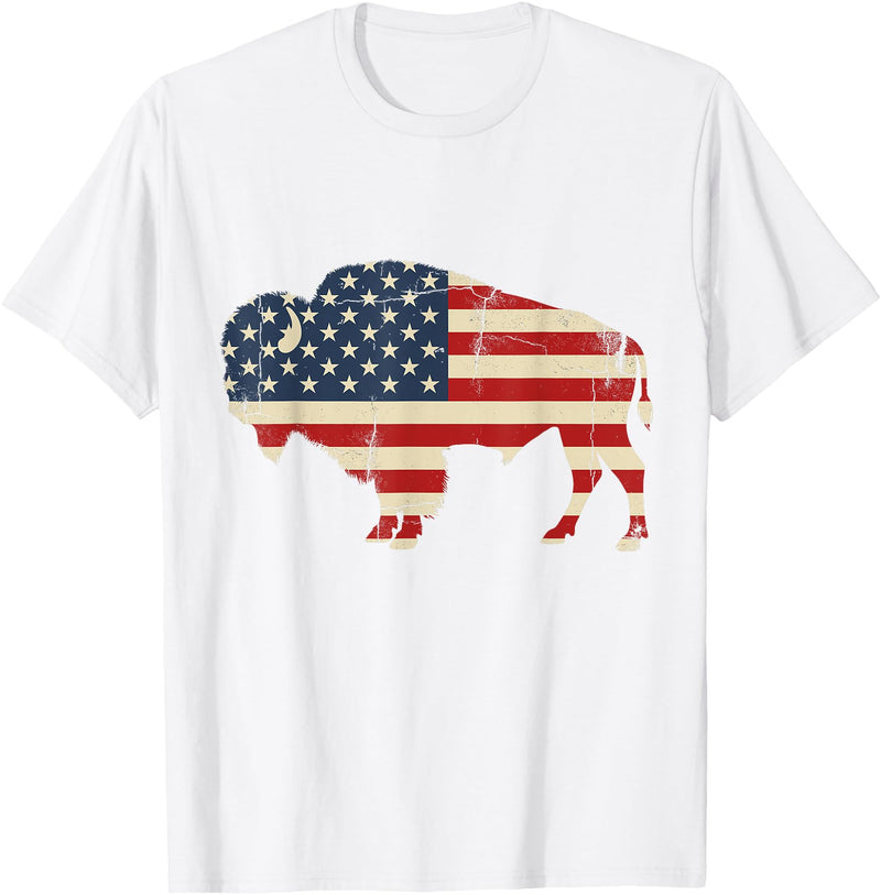 Bison American Buffalo Patriotic Heritage Lr Vintage Buffalo American Flag USA Bison Lover Wildlife T-Shirt - White