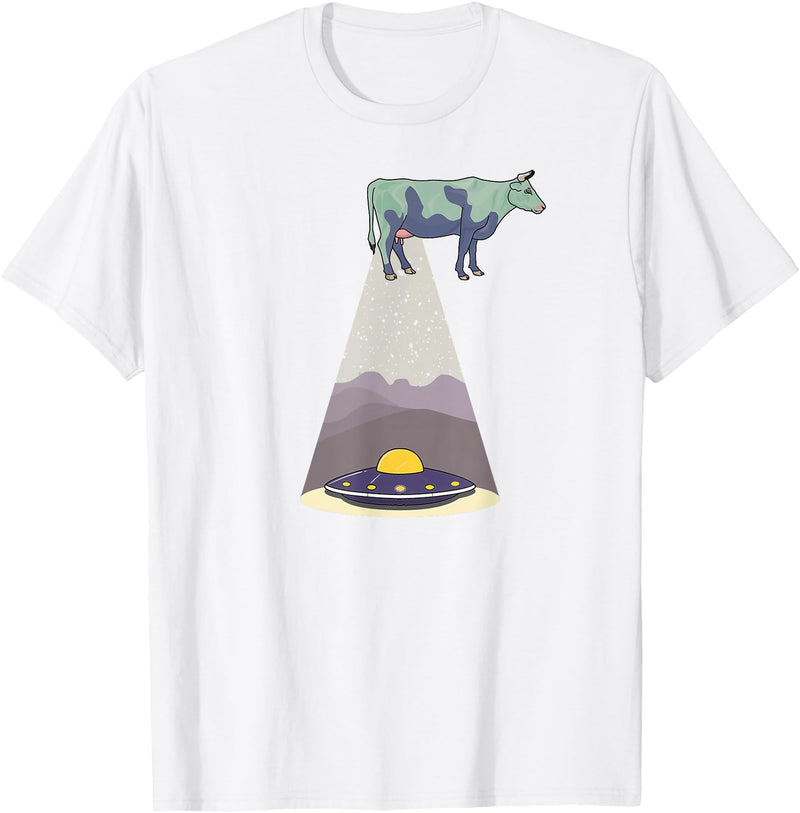 Funny Alien Abduction Cow UFO T-Shirt - White