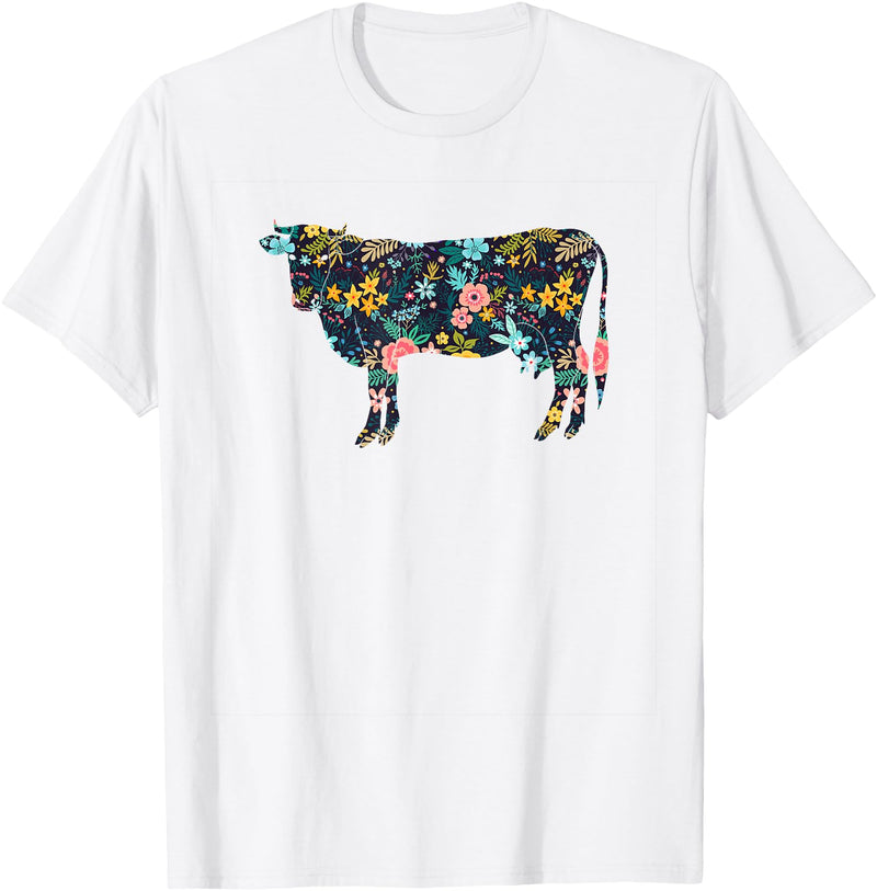 Cow Floral Silhouette Cattle Farm Lover Floral Cow Silhouette Womens Girls Cow Farm Animal T-Shirt - White
