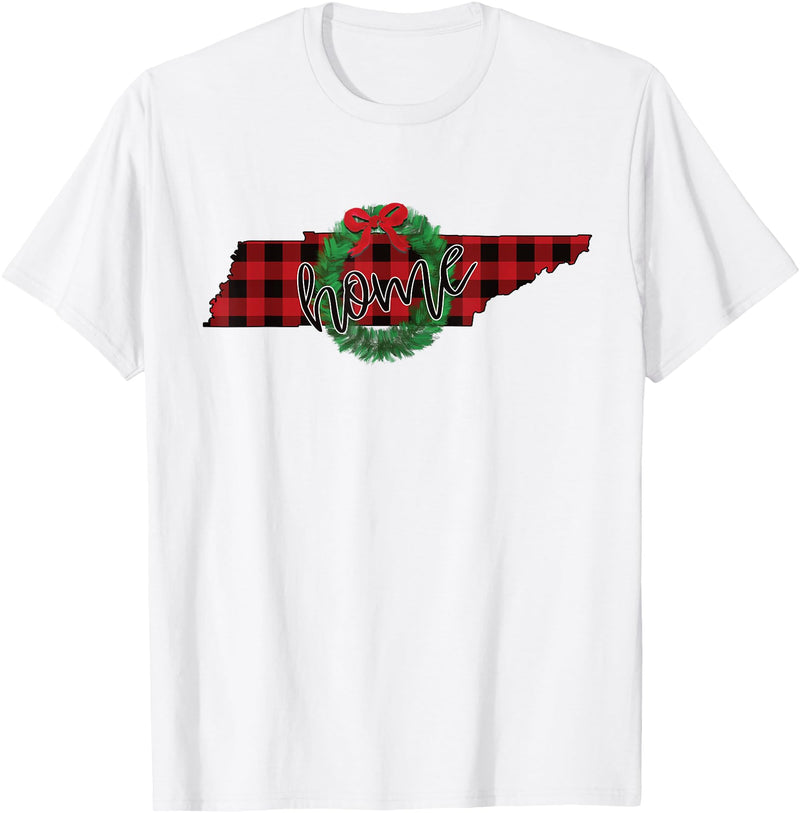 USA State Tennessee Christmas Buffalo Plaid Tennessee Buffalo Plaid Christmas Home Wreath Retro T-Shirt - White
