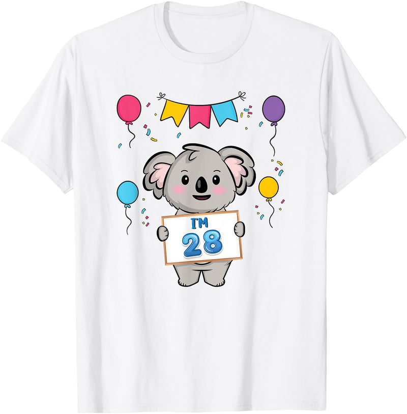28th Koala Bear Birthday Party TShirt Co. I'm 28 Cute Koala Holding 28 Years Old 28th Birthday Outfit T-Shirt - White