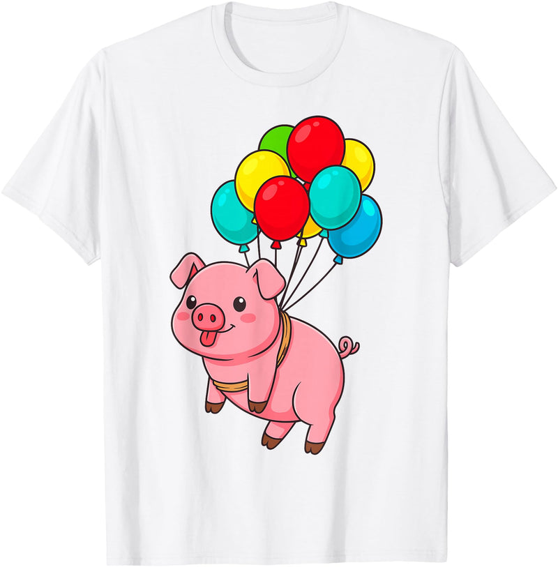 Uniquely Funny Pig Farmer Gifts Pig Flying with Balloons T-Shirt - White