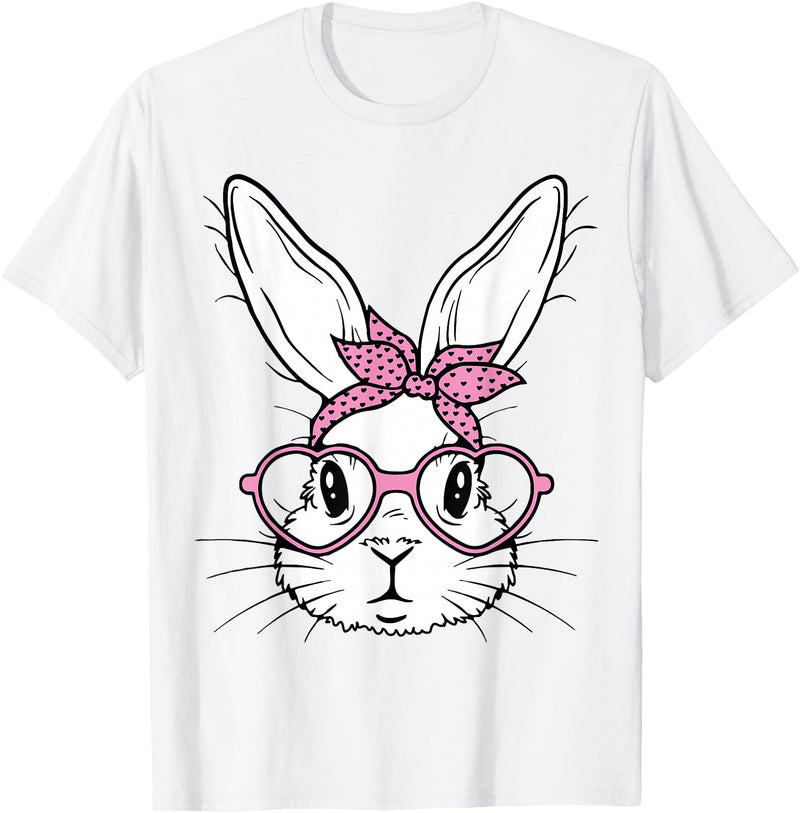 Cute Bunny Rabbit Face with Bandana Heart Glasses Easter Day T-Shirt in White