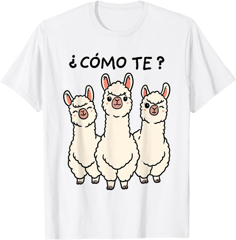 GoshWow Como Te Llamas Shirt Funny Llama Spanish Teacher Joke T-Shirt - White