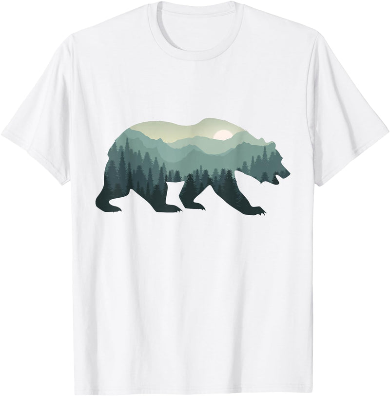 Outdoors Gift Ideas Camping Stuff Men Graphic Tees Misty Forest Bear Silhouette Wildlife Nature Lover T-Shirt - White