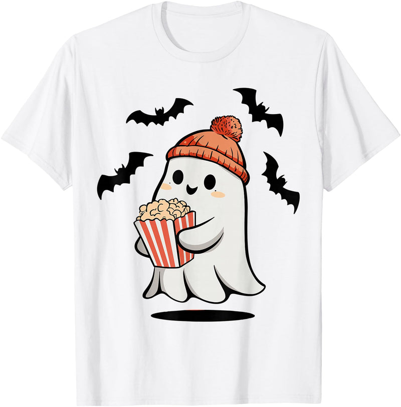 Ghost Pop Corn Halloween Funny Ghost Eating Pop Corn Lovers Spooky Halloween T-Shirt - White
