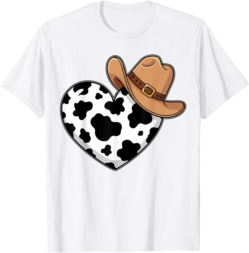 Magical and Funny Western Gifts Western Cow Print Heart Cowboy Cowgirl T-Shirt - White