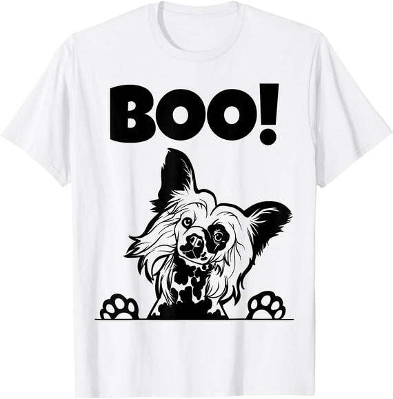 Funny Dog Halloween Chinese Crested Shirts Boo! | Hiding Hairless Puppy Dog Halloween Chinese Crested T-Shirt - White