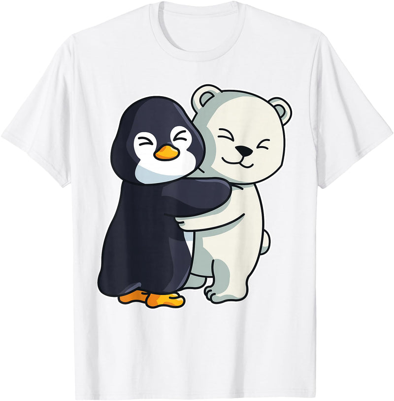 Penguin and Polar Bear Hug Arctic Animal Polar Bear and Penguin Cute North Pole Animals Hugging T-Shirt - White