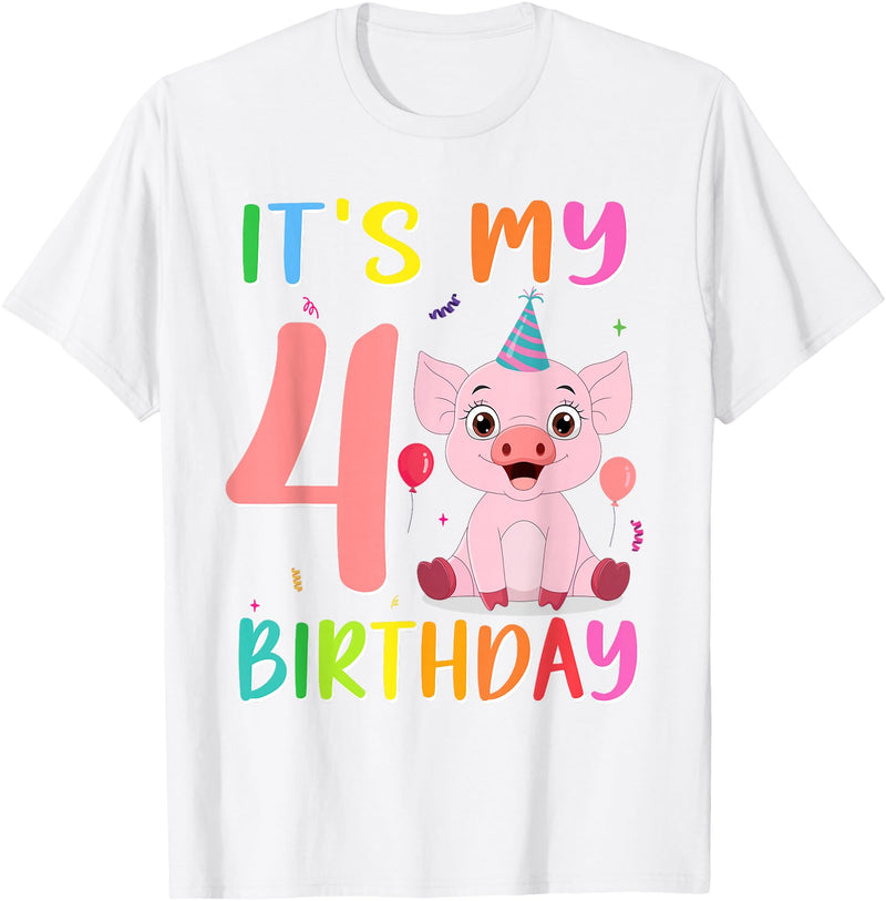 Pig Lover Shirt Farm Birthday Boy Girl Gift It’s My 4th Birthday Pig for Pig Lover 4 Year Old T-Shirt - White