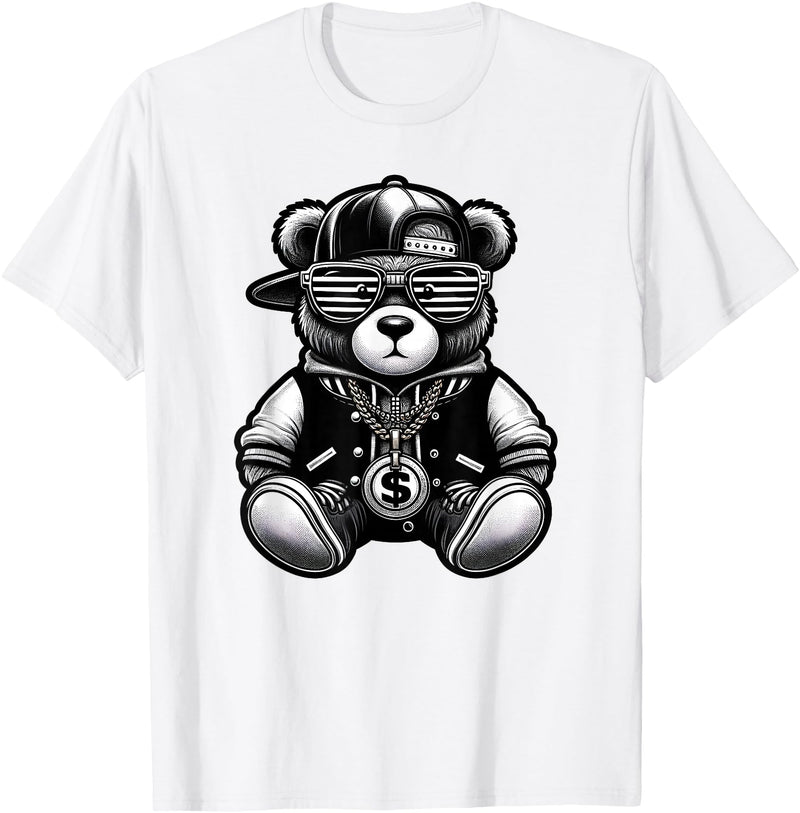 Teddy Bear Hip Hop Lovers Men Women & Kids Funny Hip Hop Teddy Bear 90s Graffiti Art Rap Lover Gangsta T-Shirt - White