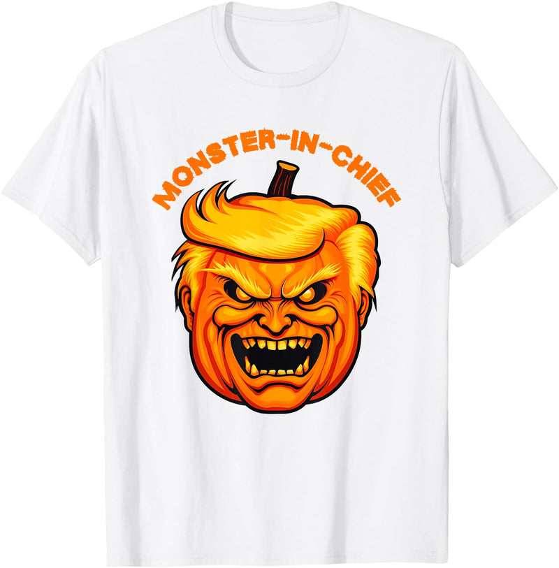 Monster-in-Chief 2024 Political Halloween Costume Monster-in-Chief Scary Trumpkin Trump Pumpkin Head Costume T-Shirt - White