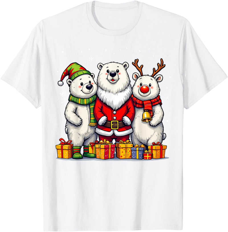Christmas Polar Bear Santa Elf Reindeer Holiday Cute Christmas Polar Bears in Santa Elf and Reindeer Costume T-Shirt - White