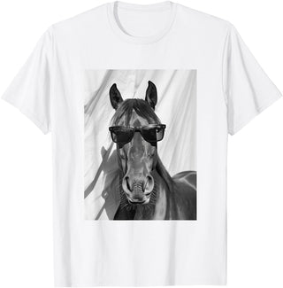 Funny Animal Photography Clothing Co. Cute Horse with Sunglasses Farm Animal Photo Booth T-Shirt - White