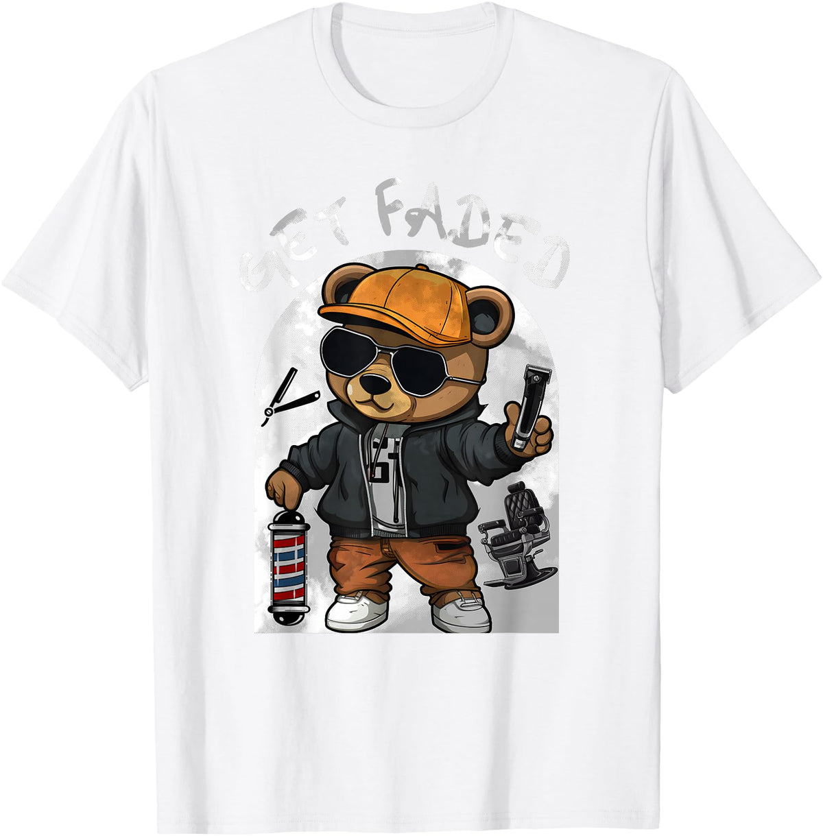Black Barbershop African American Barber Designs Get Faded Hip Hop Teddy Bear Barber Streetwear Fade Haircut T-Shirt - White