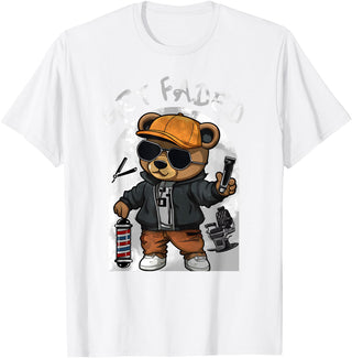 Black Barbershop African American Barber Designs Get Faded Hip Hop Teddy Bear Barber Streetwear Fade Haircut T-Shirt - White